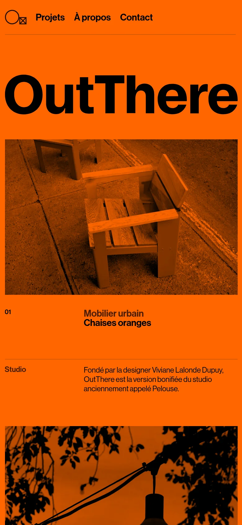 The mobile version uses a vertical layout on an orange background. The 'OutThere' logo is centered at the top, followed by a navigation menu and a large hero image of wooden chairs. Project descriptions and images are stacked vertically for easier scrolling on a smaller screen.