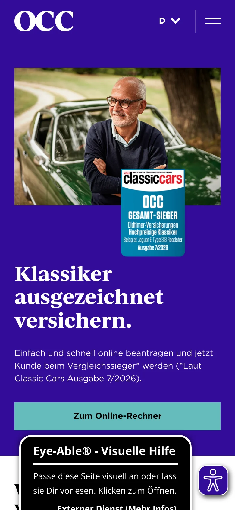 The mobile version uses a vertical stack layout on a deep purple background. The hero image of the man and classic car is positioned at the top, followed by the large white headline, descriptive text, and a full-width teal 'Zum Online-Rechner' button. A hamburger menu icon and language selector are visible in the header, and an accessibility widget is anchored to the bottom right.