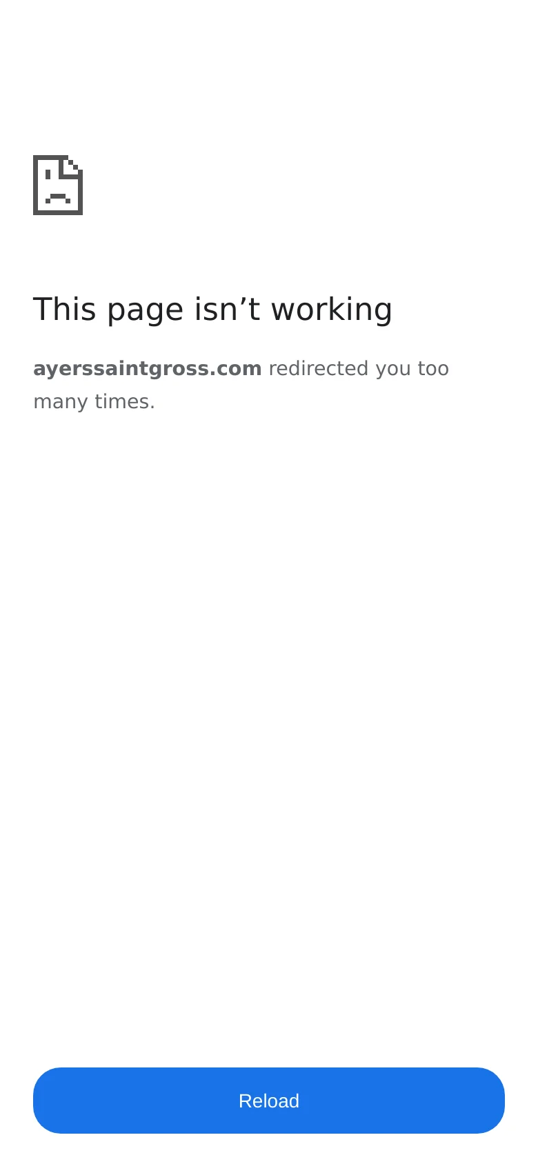 A mobile version of the error page with a minimalist white layout. The text 'This page isn't working' and the redirect error message are centered, and a large, full-width blue 'Reload' button is located at the bottom of the screen.