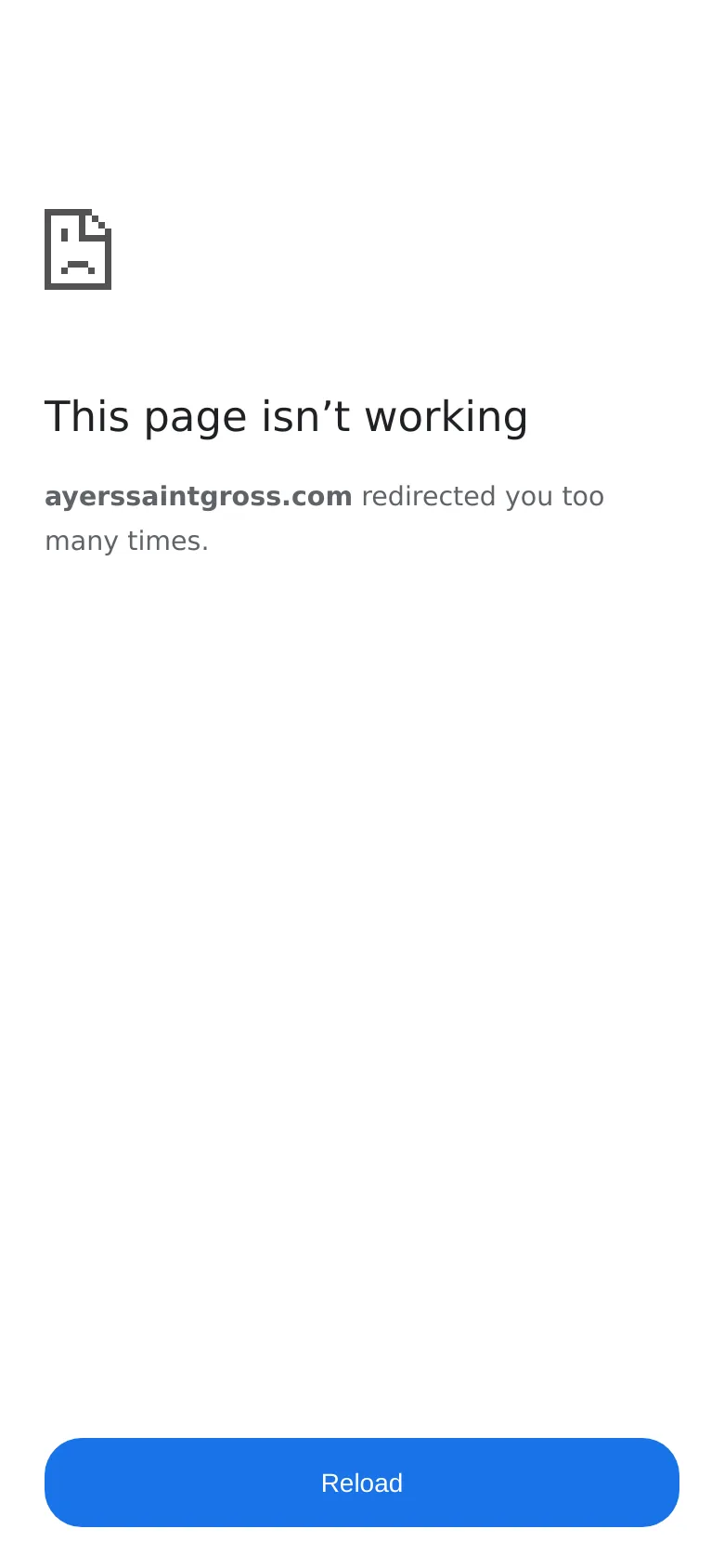 A mobile version of the error page with a minimalist white layout. The text 'This page isn't working' and the redirect error message are centered, and a large, full-width blue 'Reload' button is located at the bottom of the screen.