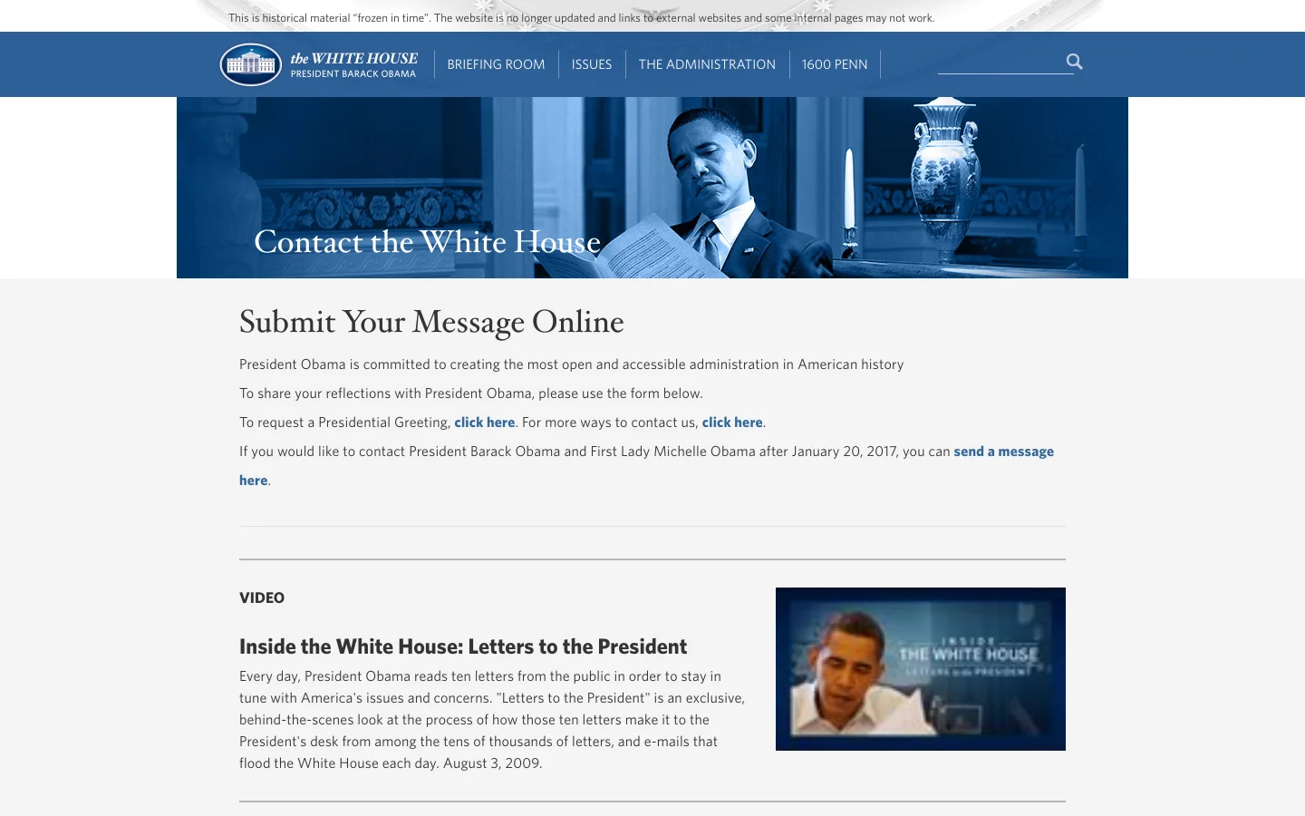 The desktop page features a dark blue header with the White House logo and navigation links like Briefing Room and Issues. A large hero image shows President Obama at a desk with a blue-toned overlay and the headline 'Contact the White House'. Below, the main content area has a white background with the heading 'Submit Your Message Online' and several instructional paragraphs with blue text links.