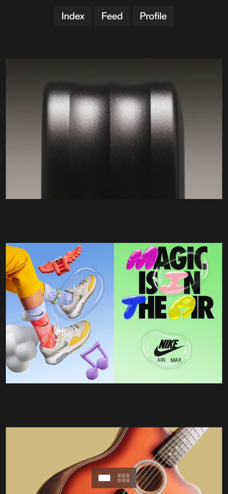 The mobile version maintains the dark theme and minimalist layout but stacks the content vertically for easier scrolling. The navigation links are condensed, and the large case study images are resized to fit the narrower screen width, prioritizing a single-column view of the visual portfolio.