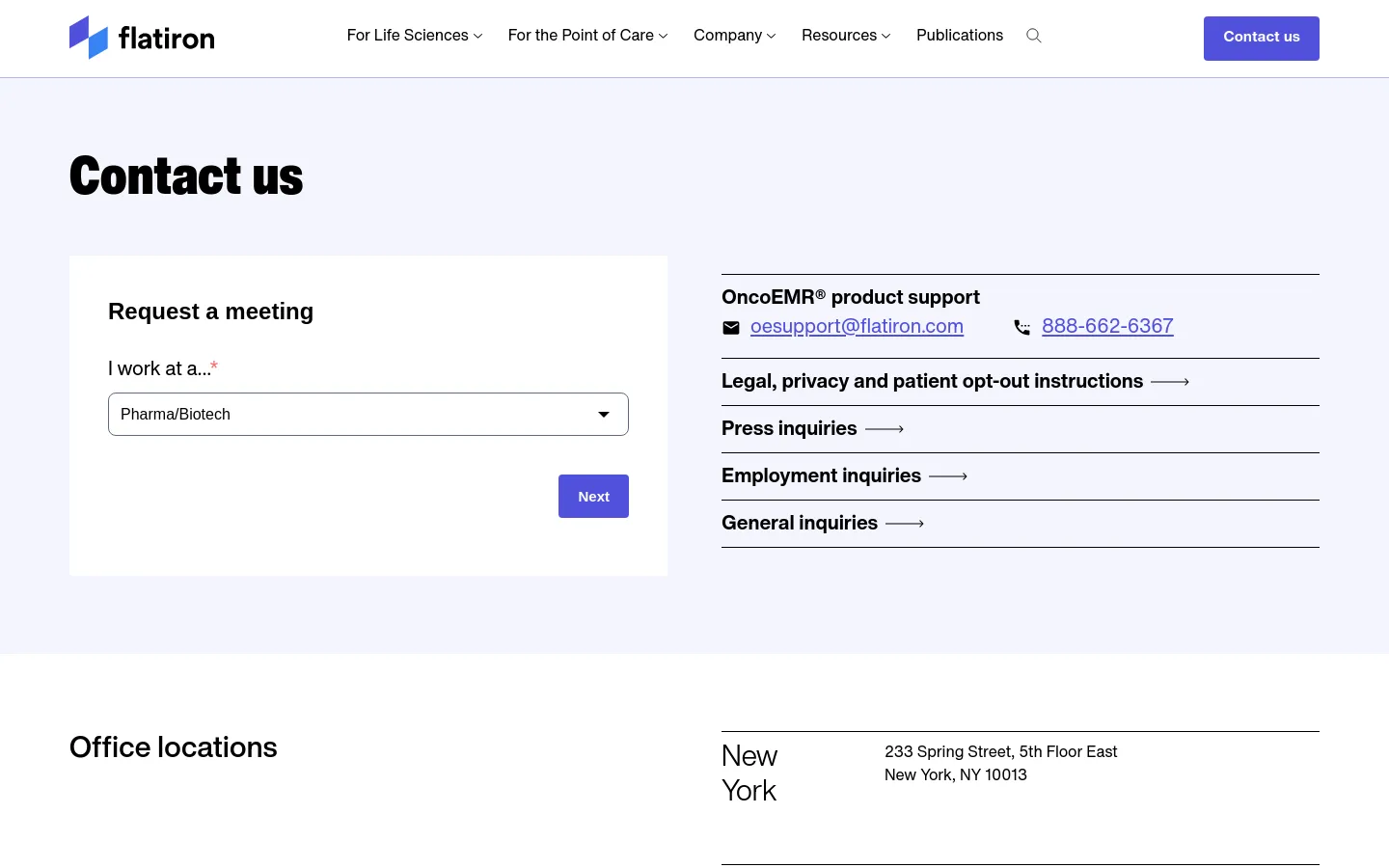 The desktop Contact Us page features a clean white and light blue layout with a large 'Contact us' heading. A 'Request a meeting' card on the left contains a dropdown menu and a blue 'Next' button, while the right side lists OncoEMR product support contact details and various inquiry links separated by horizontal lines. The bottom section displays office locations in a multi-column format.