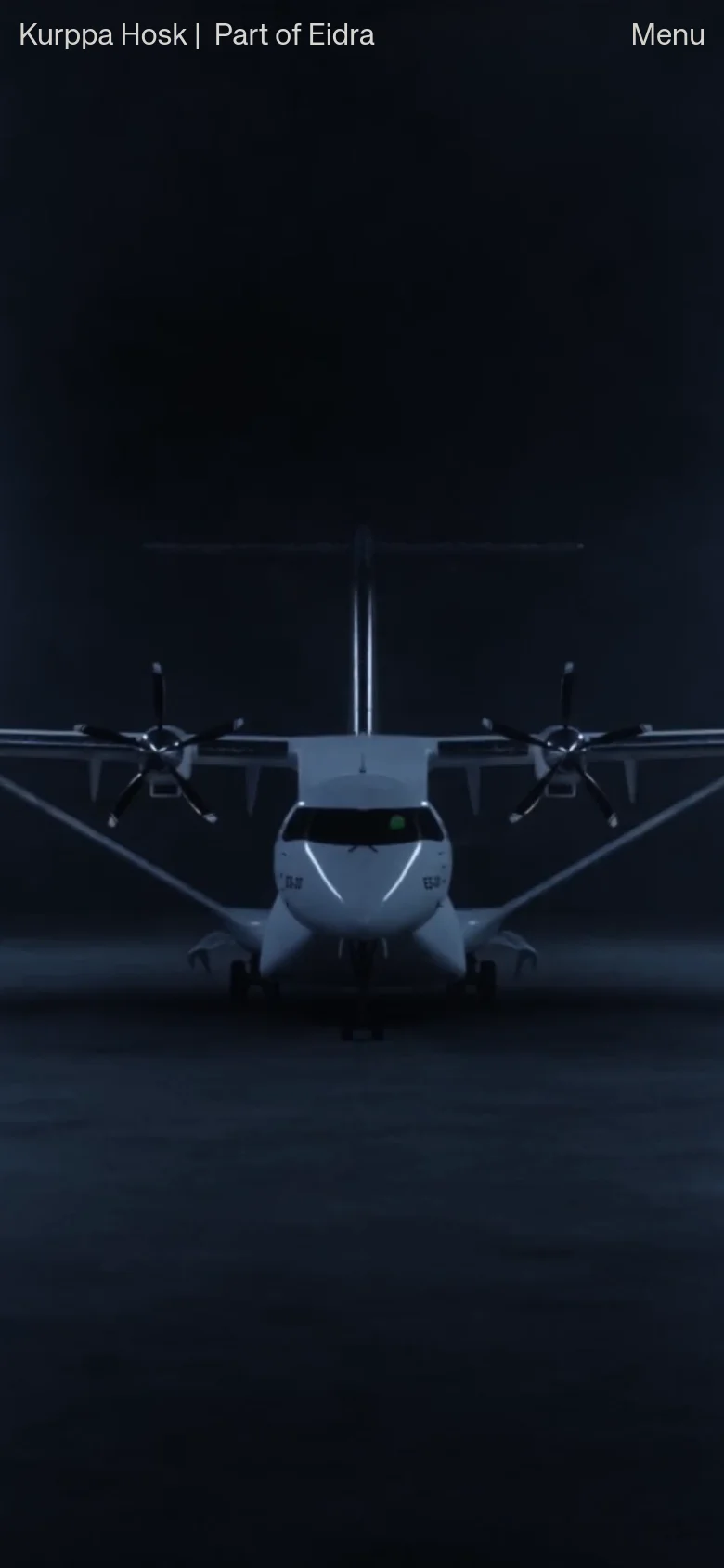 The mobile version presents a simplified vertical layout with a dark, atmospheric hero image of an airplane. The navigation is condensed into a 'Menu' button in the top right corner, while the brand name 'Kurppa Hosk | Part of Eidra' remains visible in the top left against a dark background.