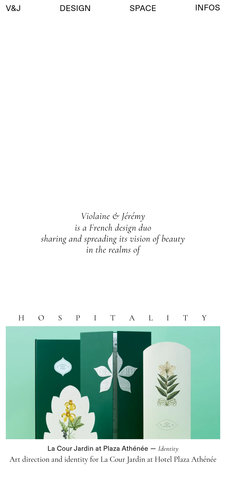 The mobile version maintains the minimalist aesthetic and centered serif text but optimizes the layout for a vertical screen. The hero imagery is scaled to fit the width of the phone, and the navigation links are condensed to ensure a clean, single-column scrolling experience.