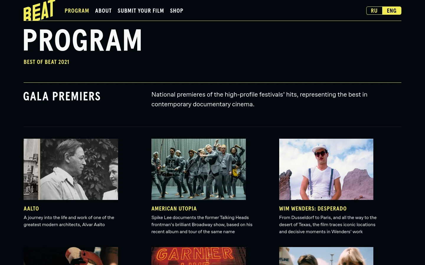 The desktop version features a dark theme with a large white 'PROGRAM' headline and a 'Best of Beat 2021' subtitle. Below a horizontal divider, the 'Gala Premiers' section includes a text description alongside a grid of documentary film posters with titles and short summaries in yellow and white text.