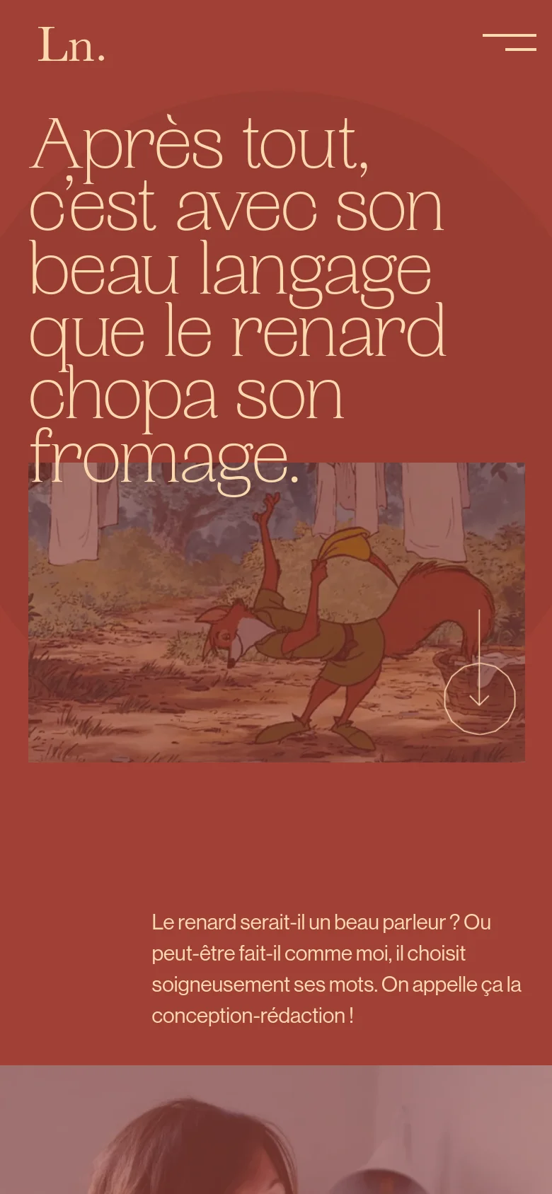 The mobile version uses a vertical layout with the large serif headline stacked at the top, followed by the fox illustration below it. The navigation is condensed into a hamburger menu icon, and the overall aesthetic maintains the terracotta color scheme and minimalist typography.