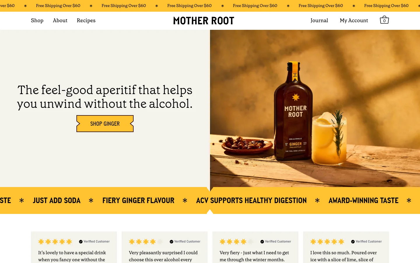 The desktop homepage features a split-screen hero section with a headline and 'Shop Ginger' button on a cream background on the left, and a warm-toned photo of a Mother Root bottle and cocktail on the right. A navigation bar sits at the top with links for Shop, About, and Recipes, while a yellow banner below the hero highlights product benefits like 'Just Add Soda'.