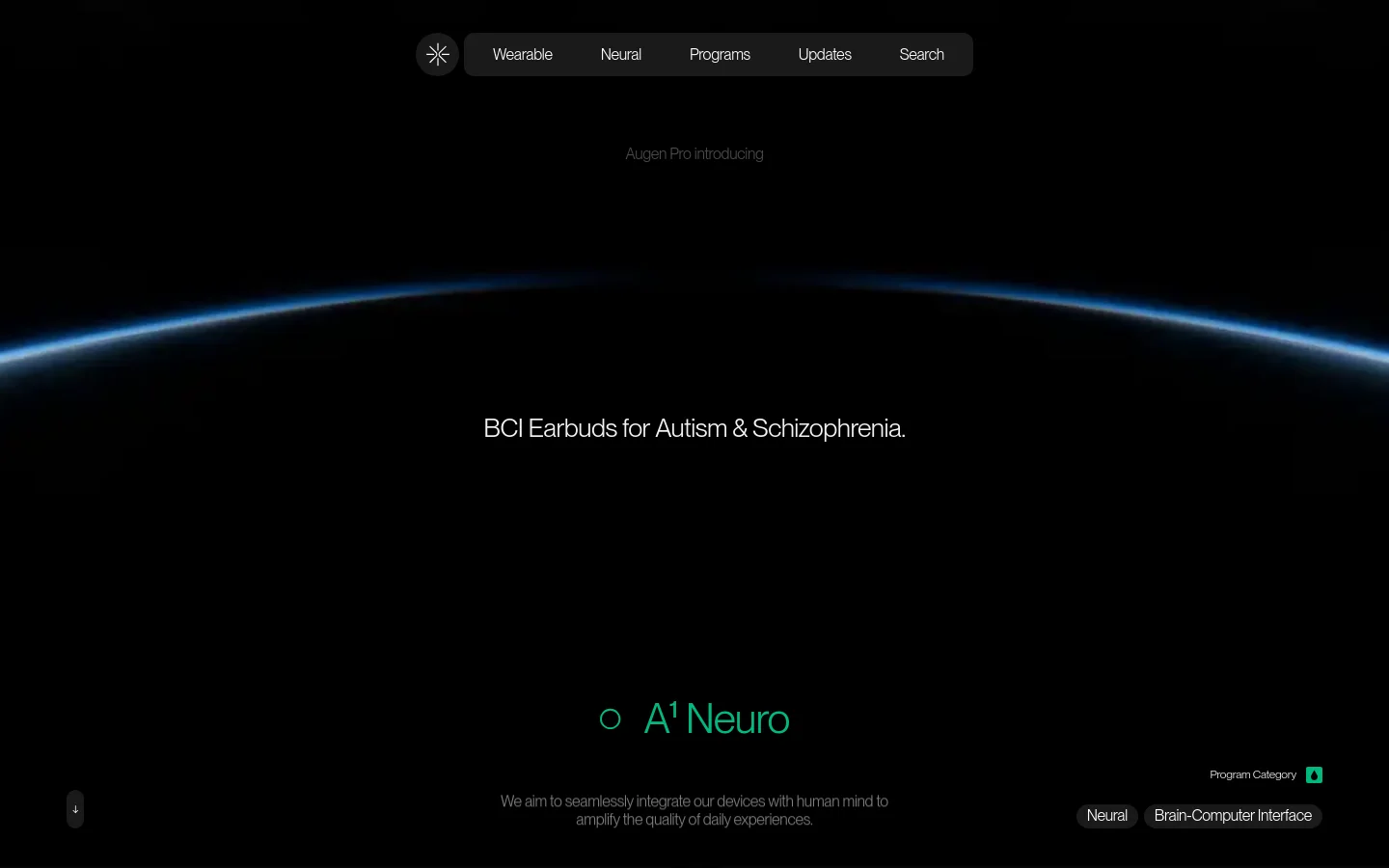 The desktop landing page features a dark, cinematic hero section with a glowing blue horizon line and centered white text reading 'BCI Earbuds for Autism & Schizophrenia.' Below this, the product name 'A¹ Neuro' is displayed in teal, accompanied by a mission statement and navigation buttons for 'Neural' and 'Brain-Computer Interface' at the bottom right.