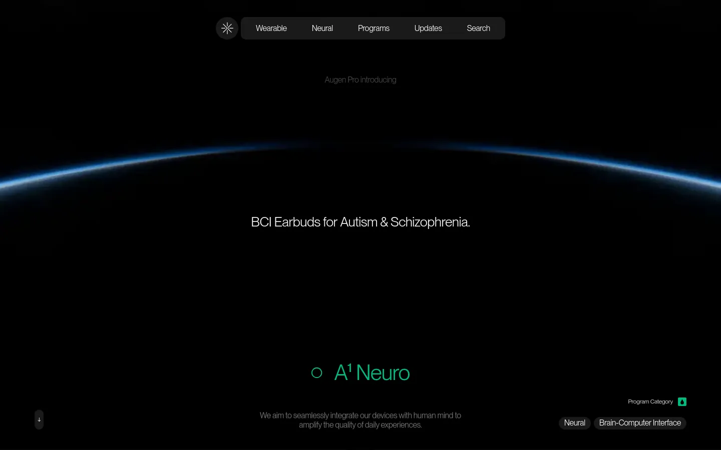 The desktop landing page features a dark, cinematic hero section with a glowing blue horizon line and centered white text reading 'BCI Earbuds for Autism & Schizophrenia.' Below this, the product name 'A¹ Neuro' is displayed in teal, accompanied by a mission statement and navigation buttons for 'Neural' and 'Brain-Computer Interface' at the bottom right.