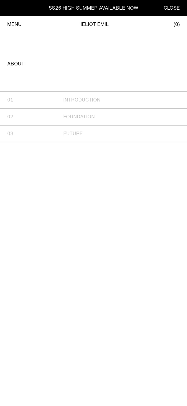 The mobile version maintains the minimalist white and black aesthetic but uses a simplified layout. A 'MENU' button and brand name are at the top, with the 'ABOUT' section and its numbered sub-sections listed vertically in a single column for easier scrolling.