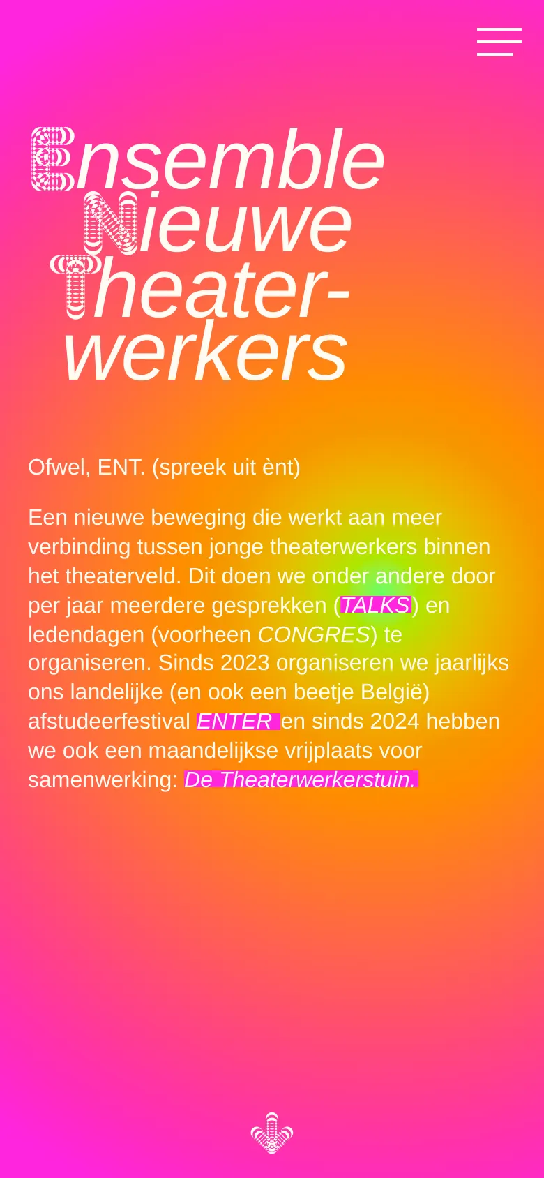 The mobile version maintains the bright pink and orange gradient background but simplifies the layout. The large stylized title is stacked vertically, and the navigation menu is replaced by a white hamburger icon in the top right corner.