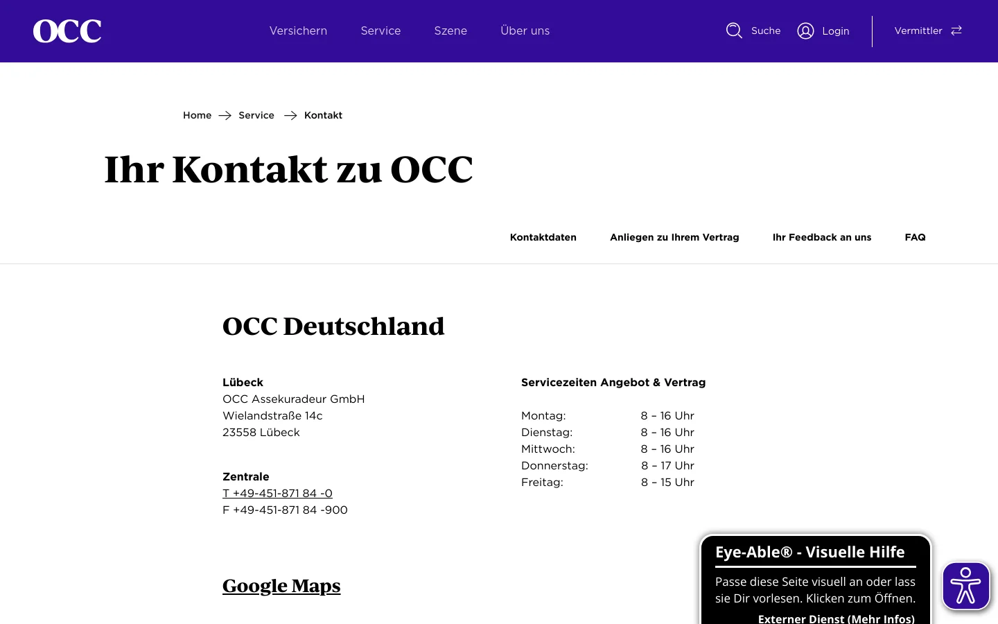 The desktop contact page features a clean white background with a dark purple header containing the OCC logo and navigation menu. A large headline reads 'Ihr Kontakt zu OCC' above a sub-navigation bar with links for contact details, contract inquiries, feedback, and FAQ. Below, the contact information for OCC Deutschland in Lübeck is displayed in black text, including address, phone numbers, and a list of service hours for each weekday.