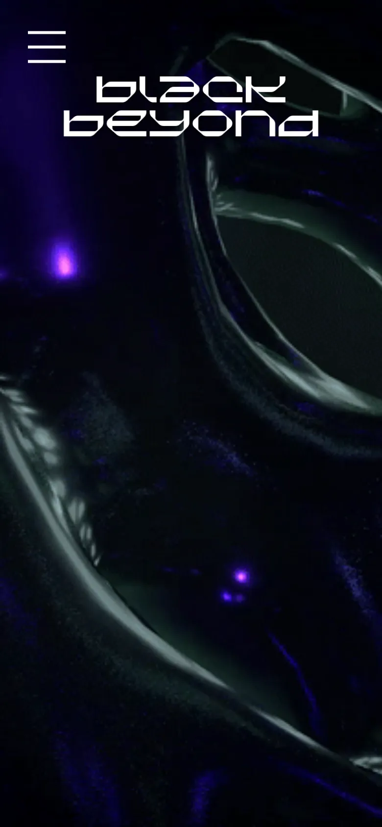 The mobile version maintains the dark, abstract liquid background and futuristic white logo, but the layout is vertically oriented. The navigation menu icon remains in the top left, and the logo is positioned higher up on the screen to accommodate the narrower viewport.