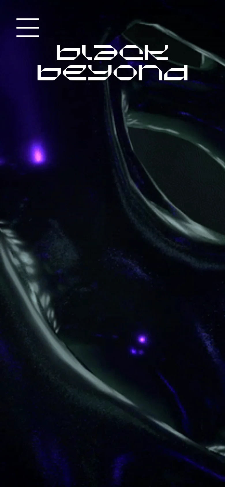 The mobile version maintains the dark, abstract liquid background and futuristic white logo, but the layout is vertically oriented. The navigation menu icon remains in the top left, and the logo is positioned higher up on the screen to accommodate the narrower viewport.