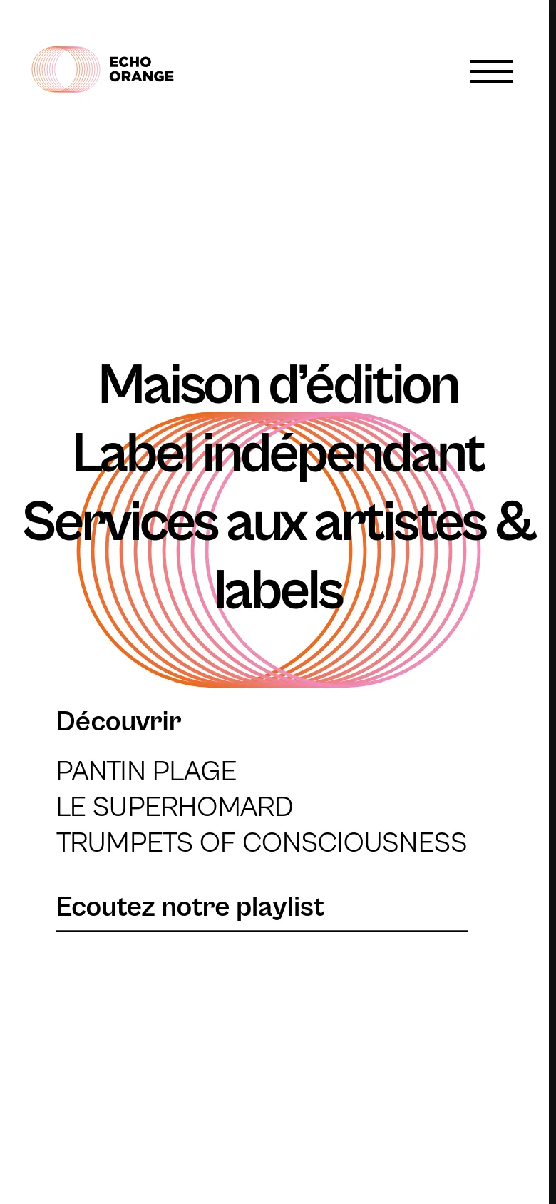 The mobile version simplifies the layout, replacing the top navigation menu with a hamburger icon. The large colorful concentric circle graphic remains a central visual element behind the bold black headline. The content is vertically stacked, showing the main heading followed by artist names and a prominent underlined link to listen to the playlist.