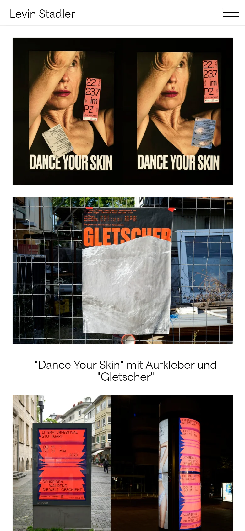 The mobile version simplifies the layout, replacing the top navigation bar with a hamburger menu icon next to the 'Levin Stadler' logo. The poster projects are stacked vertically in a single column, making the images larger and easier to scroll through on a small screen. The overall color scheme remains white with black text and prominent colorful poster imagery.