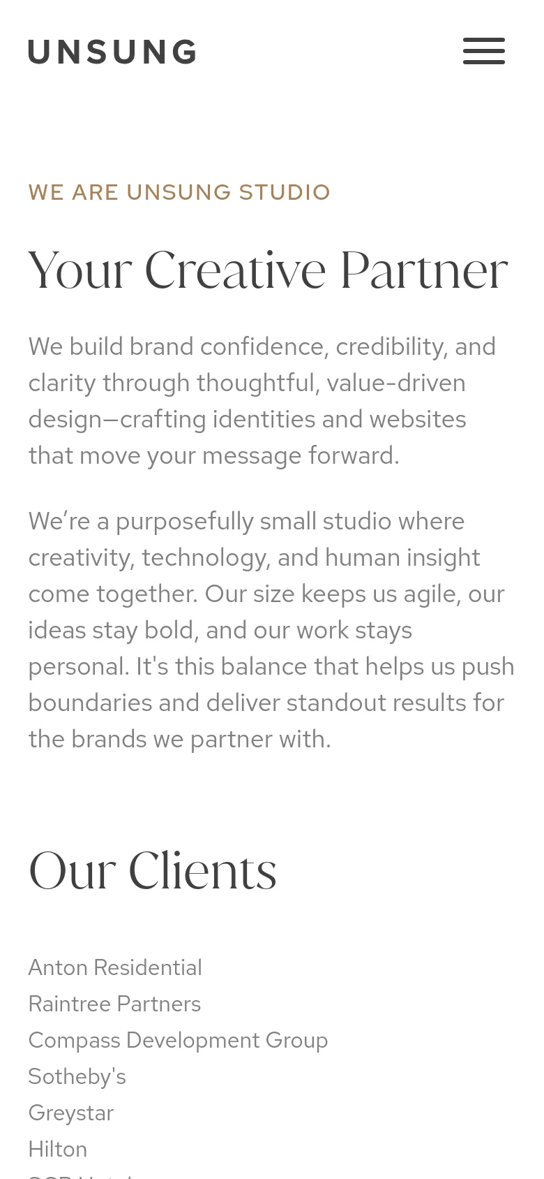 The mobile version maintains the minimalist aesthetic but uses a single-column vertical layout for better readability. The navigation menu is collapsed into a hamburger icon, and the client list is stacked vertically rather than in multiple columns.