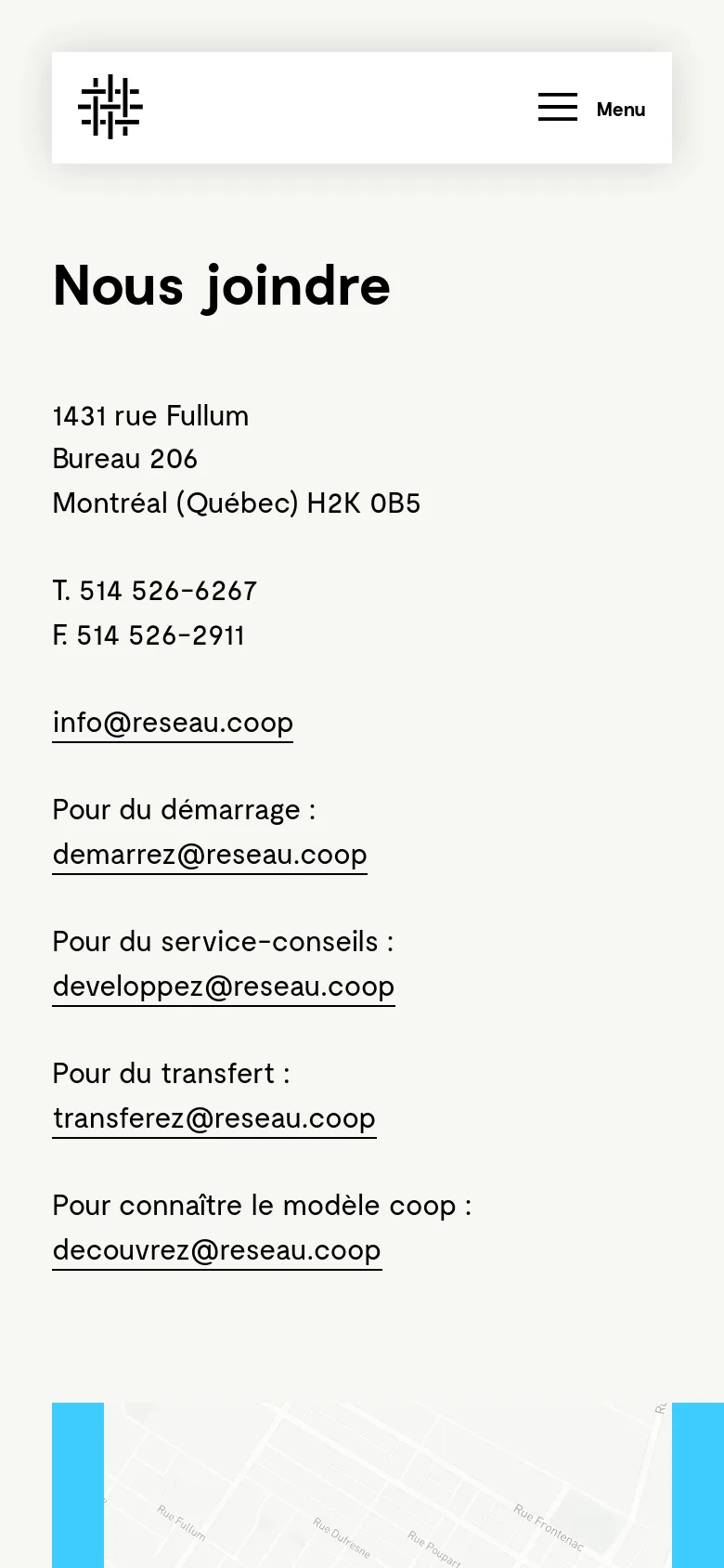 The mobile version presents a simplified vertical layout with the 'Nous joindre' heading and contact information stacked at the top. The map graphic is moved to the bottom of the view, and the navigation is condensed into a hamburger menu labeled 'Menu' at the top right.