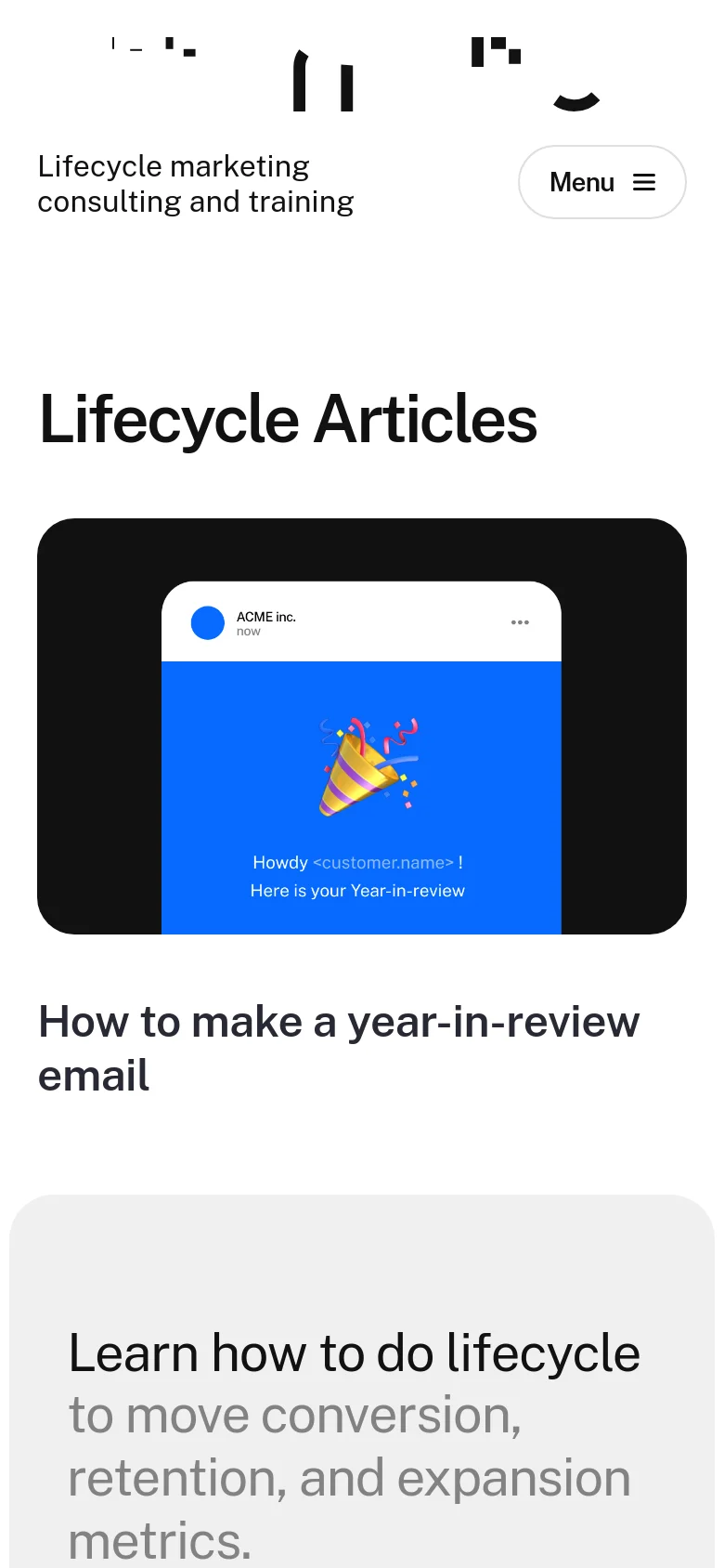 The mobile version maintains the white background and 'Lifecycle Articles' headline but uses a simplified header with the logo and a hamburger menu. The featured article card is scaled down to fit the narrower screen width, focusing on the email mockup and the article title below it.