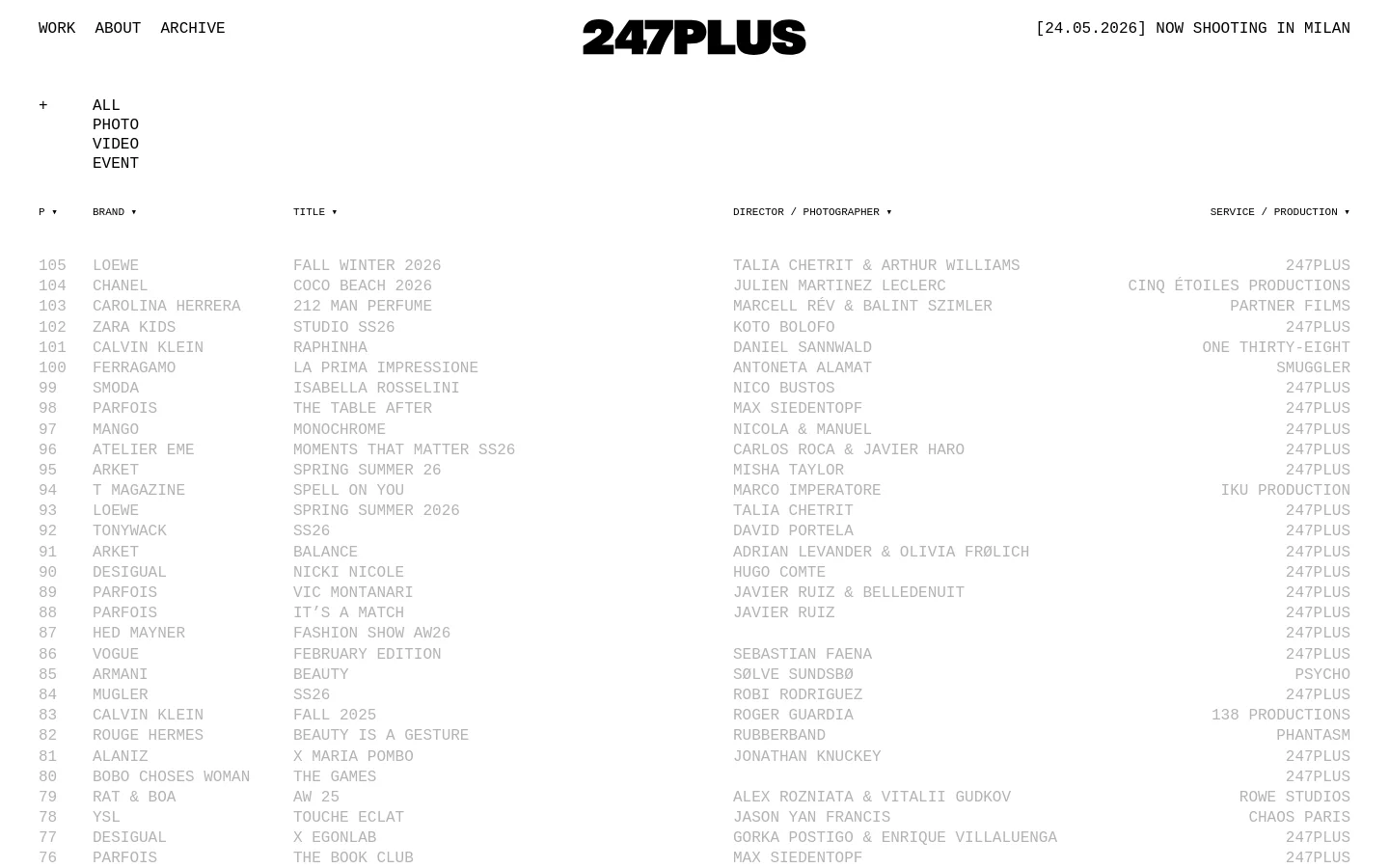The Archive page features a minimalist white layout with a navigation menu at the top and a series of filter dropdowns for media type, brand, title, director, and service. A large grid of project entries displays high-fashion imagery, each accompanied by text details including a project number, brand name, title, director, and production company. The desktop view shows a structured multi-column list of projects with large, high-quality rectangular images.