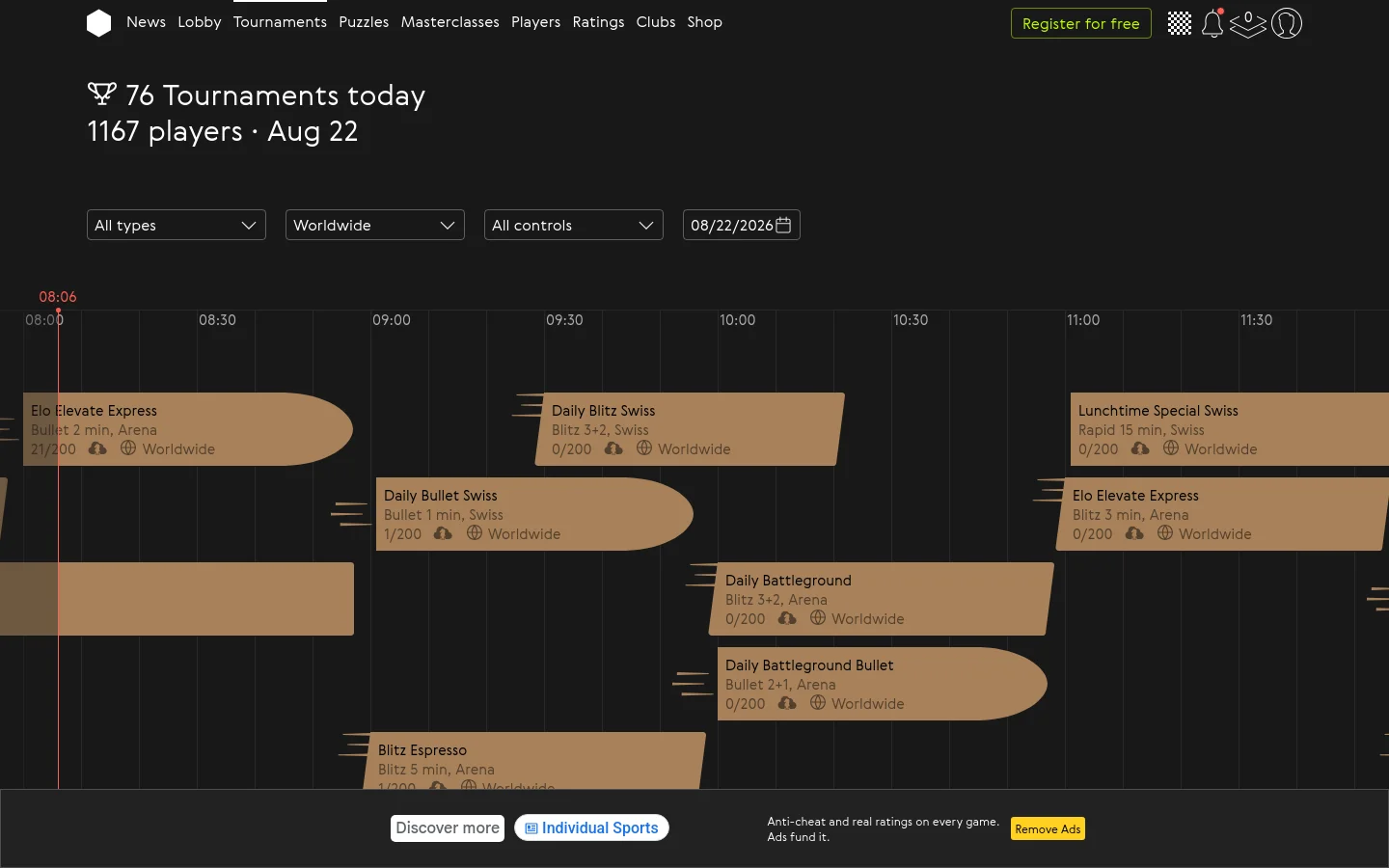 The Tournaments page features a dark theme with a timeline view of scheduled chess events. A header displays the total number of tournaments and players, followed by dropdown filters for tournament type, region, and controls. The main content is a horizontal timeline showing various tournament blocks like 'Elo Elevate Express' and 'Daily Blitz Swiss' color-coded in tan against a dark grid.
