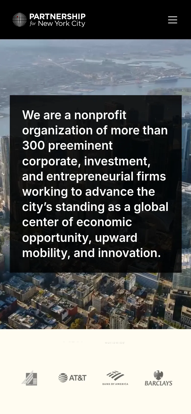 The mobile version presents a vertically stacked layout with a large hero image of the New York City skyline and a prominent mission statement in a dark box. The top navigation is condensed into a hamburger menu icon next to the logo, and the corporate member logos are displayed in a single-column or smaller grid format below the hero section.
