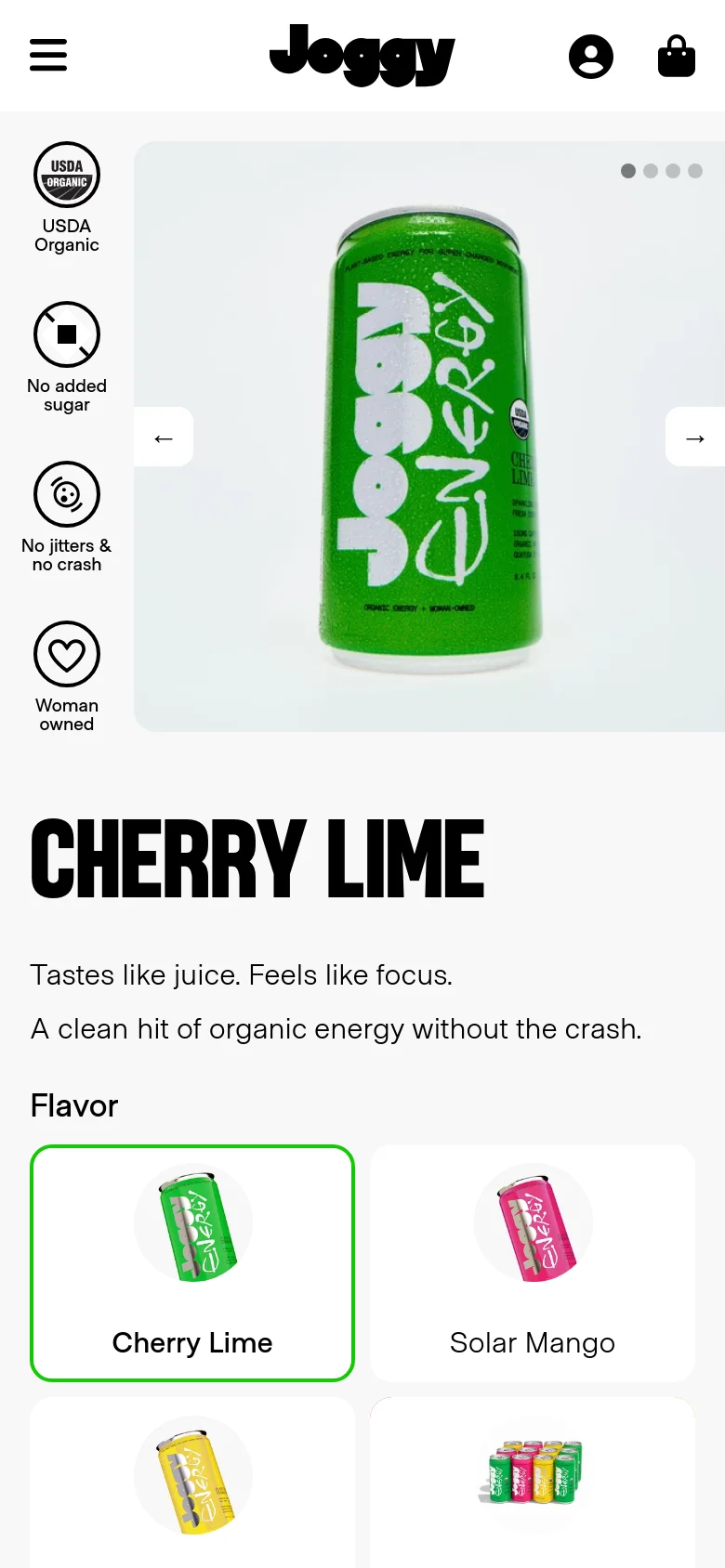 The mobile version presents a vertically stacked layout starting with a large product image carousel and a series of circular icons highlighting organic and sugar-free benefits. Below the image, the 'CHERRY LIME' headline and product description are followed by large, easy-to-tap flavor selection tiles and size options. The header is condensed with a hamburger menu and the Joggy logo centered.