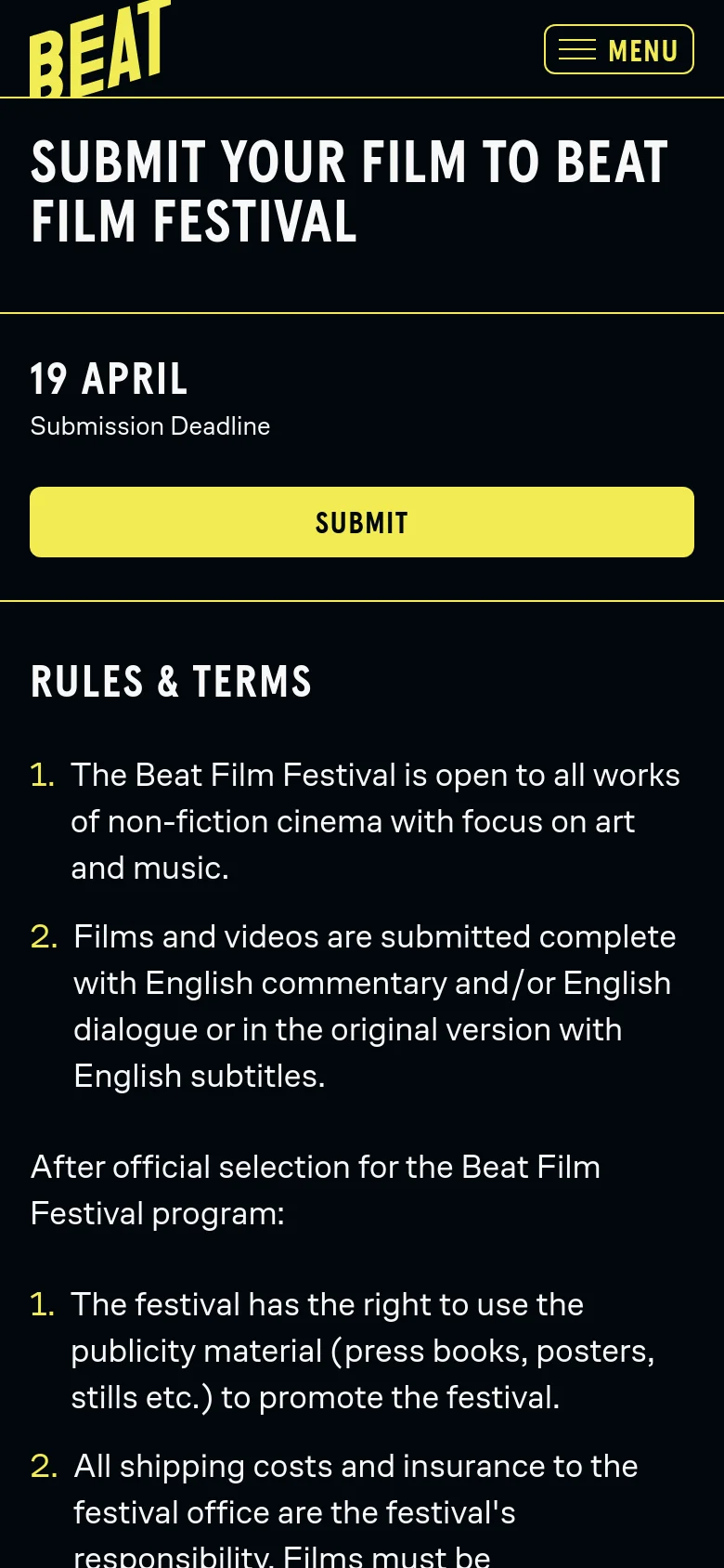 Mobile version of the page with a vertical layout optimized for small screens. The 'BEAT' logo and a hamburger menu icon appear at the top, followed by the main headline, the submission deadline, and a full-width yellow 'SUBMIT' button above the rules text.