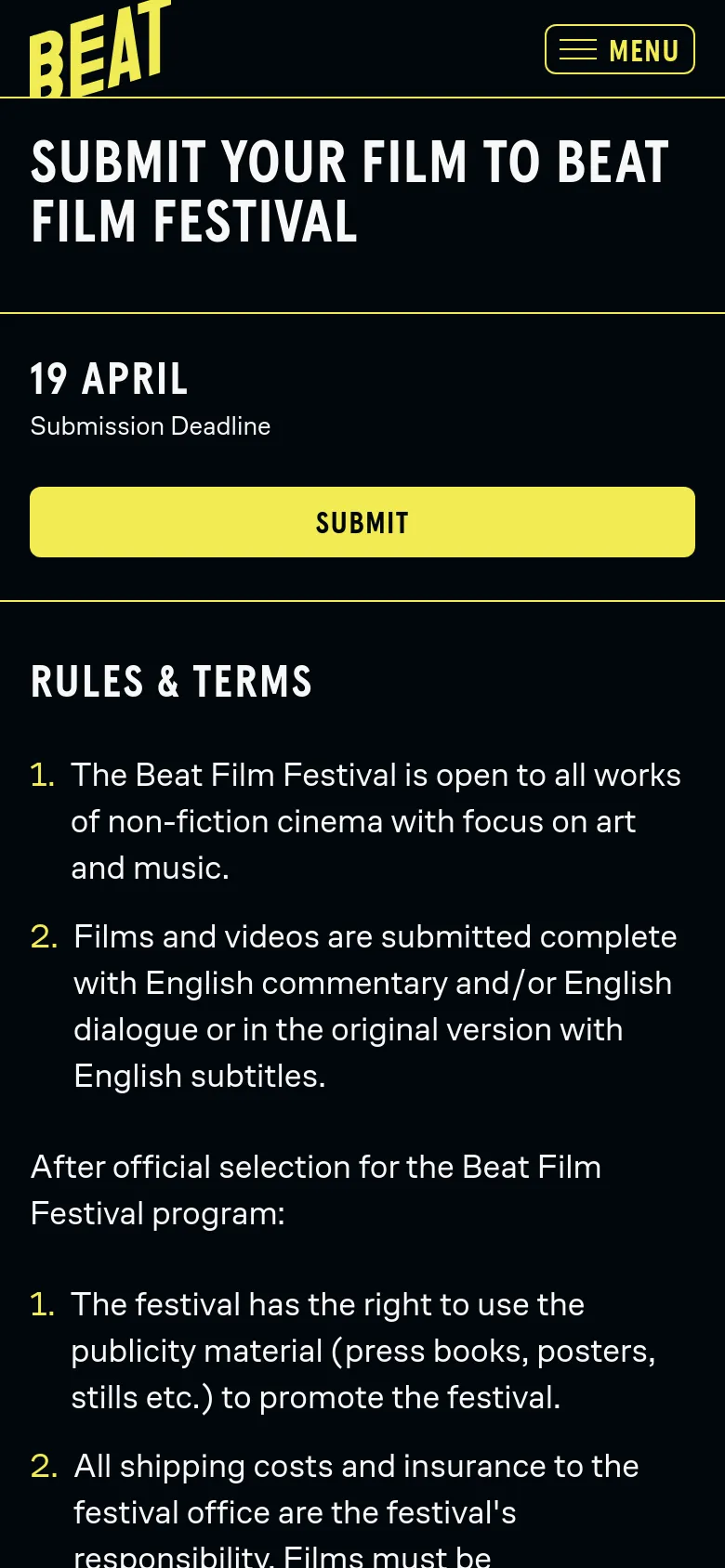 Mobile version of the page with a vertical layout optimized for small screens. The 'BEAT' logo and a hamburger menu icon appear at the top, followed by the main headline, the submission deadline, and a full-width yellow 'SUBMIT' button above the rules text.