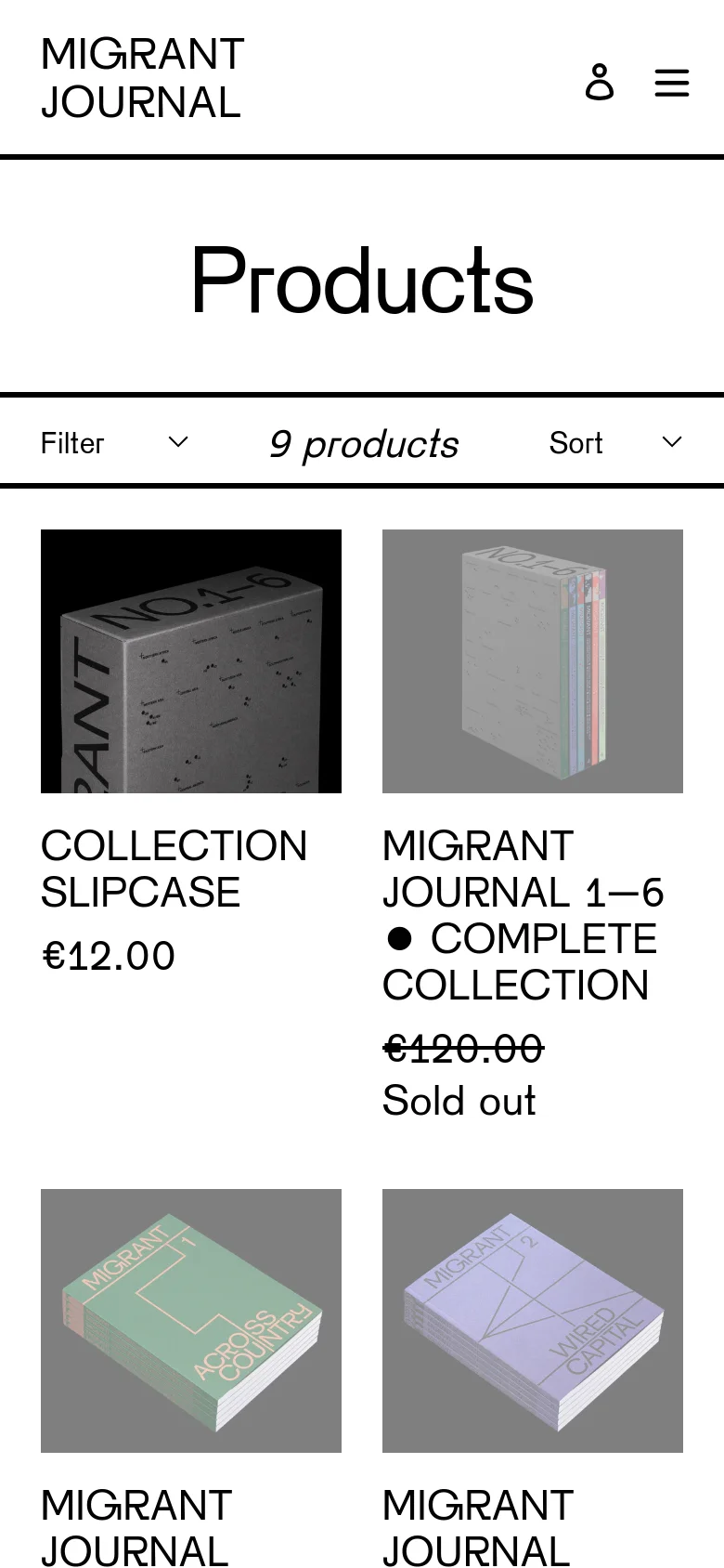 The mobile version features a simplified layout with a centered 'Products' heading and a condensed header containing the brand name, a user icon, and a hamburger menu. The product grid shifts to a single-column view, showing larger product images, titles, and prices stacked vertically for easier scrolling.