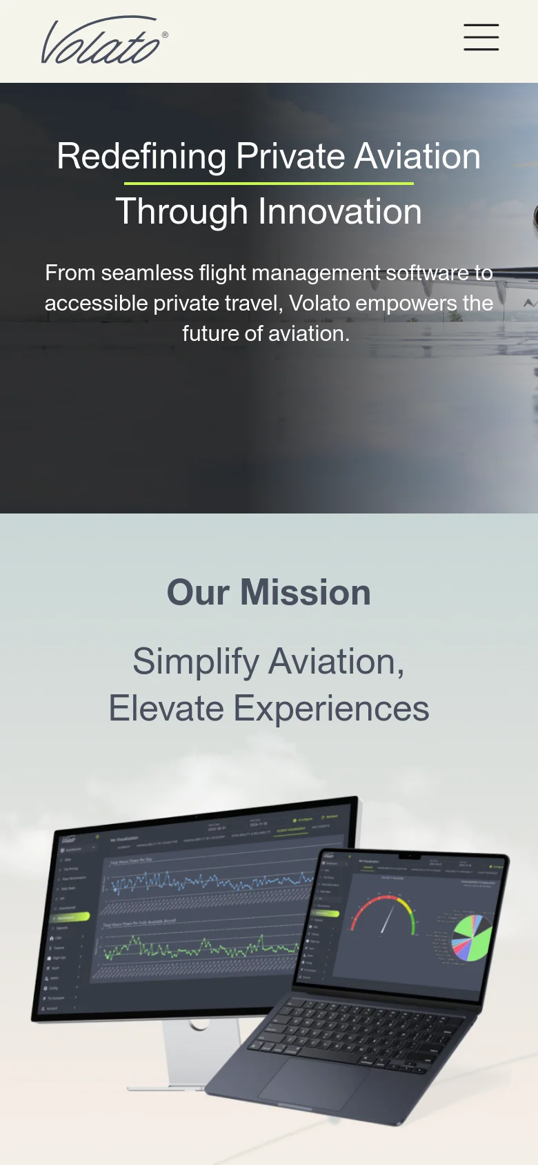 The mobile version uses a centered layout with a condensed navigation menu represented by a hamburger icon in the top right. The hero section features the same jet imagery but with the headline 'Redefining Private Aviation Through Innovation' centered and stacked vertically. The 'Our Mission' section follows, showing the software dashboard imagery on a light grey background.