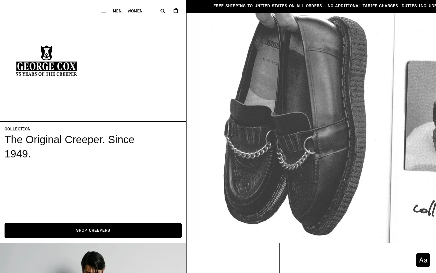 The desktop homepage features a minimalist black and white design with a large hero image of black leather creepers with silver chains. A left-aligned sidebar contains the brand logo, navigation links for Men and Women, and a prominent 'SHOP CREEPERS' call to action button. The layout uses ample white space and high-contrast typography.