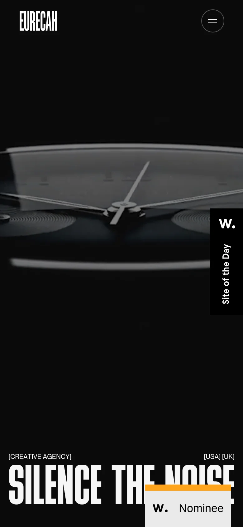 The mobile version presents a vertically stacked layout with the Eurecah logo and a circular menu icon at the top. The large 'SILENCE THE NOISE' headline dominates the lower half of the screen against a dark background with abstract light elements. The 'W. Nominee' call-to-action button is prominently placed at the bottom right.