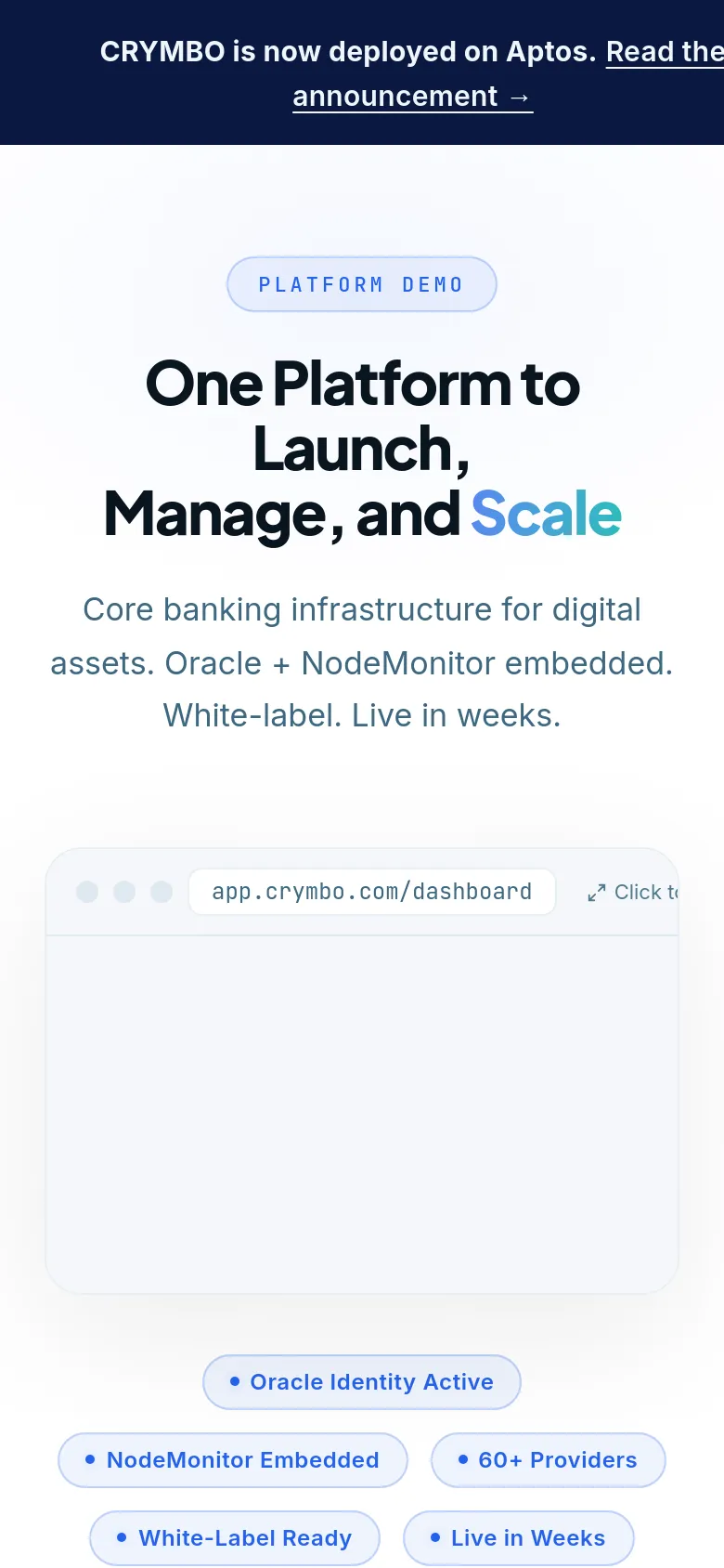 The mobile version presents a vertically stacked layout optimized for small screens. The hero headline and subheadline are centered and scaled down, followed by the dashboard demo window. The feature pill buttons are arranged in a multi-row grid format at the bottom of the viewport to maintain readability.