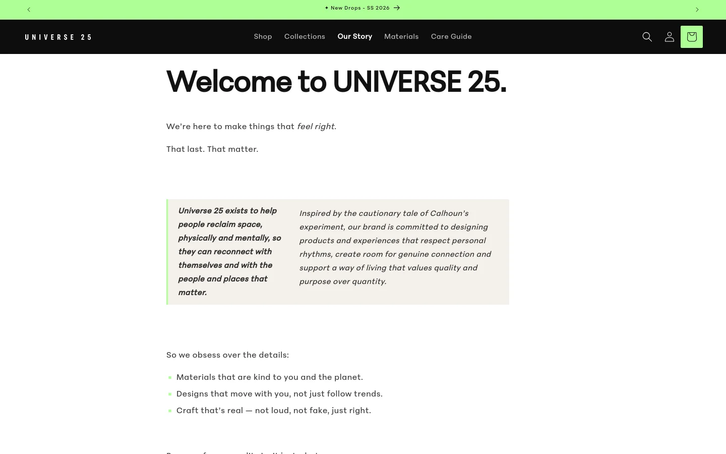 The desktop page features a minimalist design with a black header containing the brand name, navigation links, and utility icons. A large headline 'Welcome to UNIVERSE 25.' is centered above text blocks and a highlighted quote box with a light beige background. The layout uses ample white space and black text on a white background.