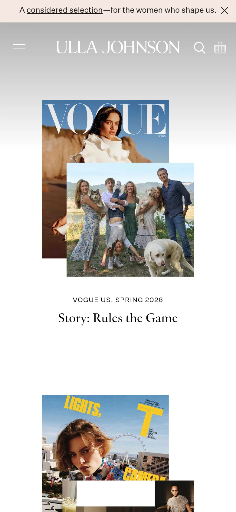 The mobile version simplifies the layout into a vertical stack, centering the large magazine collage and the 'Story: Rules the Game' headline. The top navigation is condensed into a hamburger menu and a search icon, while the promotional banner remains at the very top. The overall color palette remains white and neutral, focusing on a single-column view of the editorial imagery.