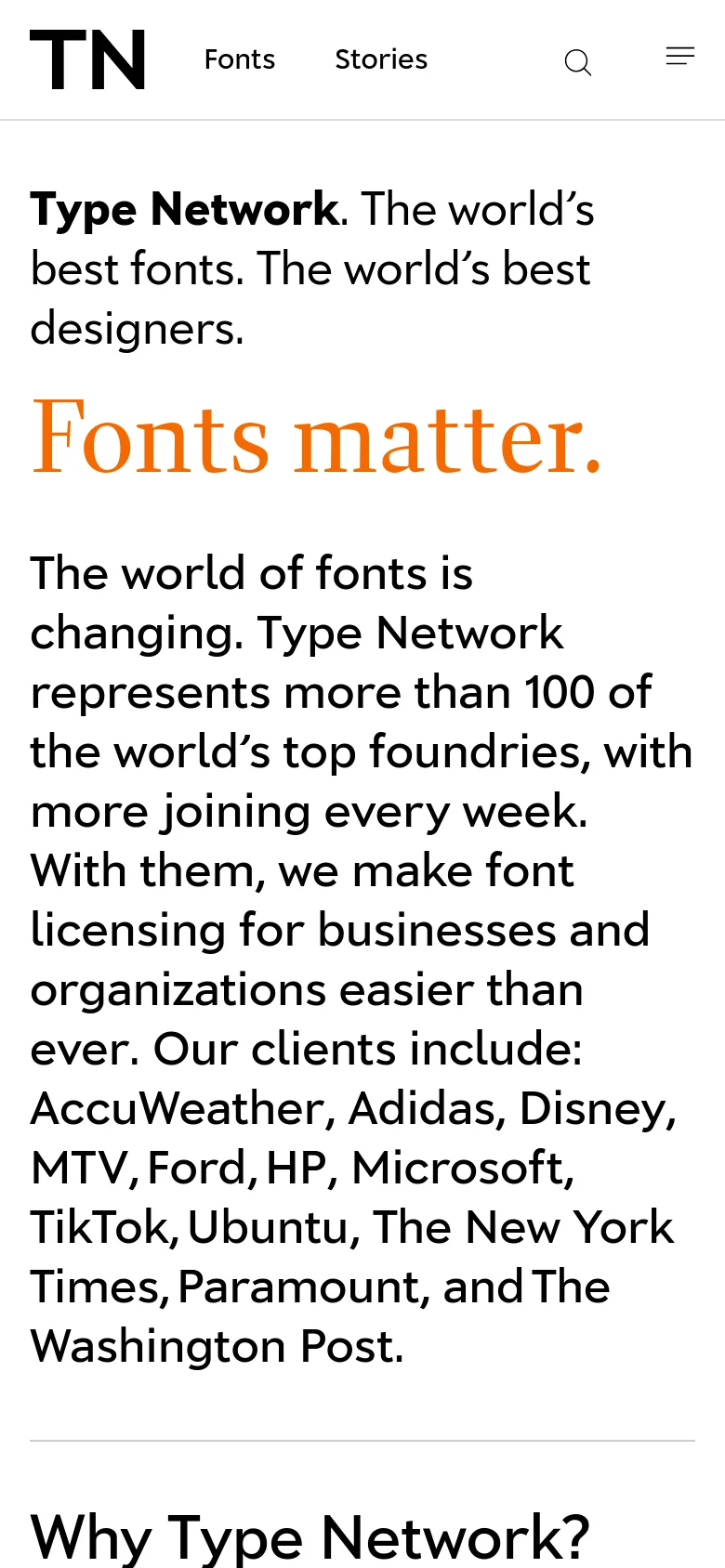 The mobile version presents a single-column vertical layout optimized for small screens. The large orange 'Fonts matter.' headline is followed by a long block of introductory text, and the four-column grid from the desktop version is stacked vertically. The navigation is condensed into a hamburger menu icon next to a search icon and the 'TN' logo.