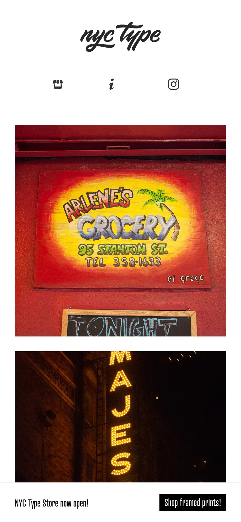 The mobile version features a centered logo and large icon-based navigation for the store, about page, and Instagram. The layout shifts to a single-column vertical scroll of large, high-impact typography photographs, with a black promotional bar fixed at the bottom.