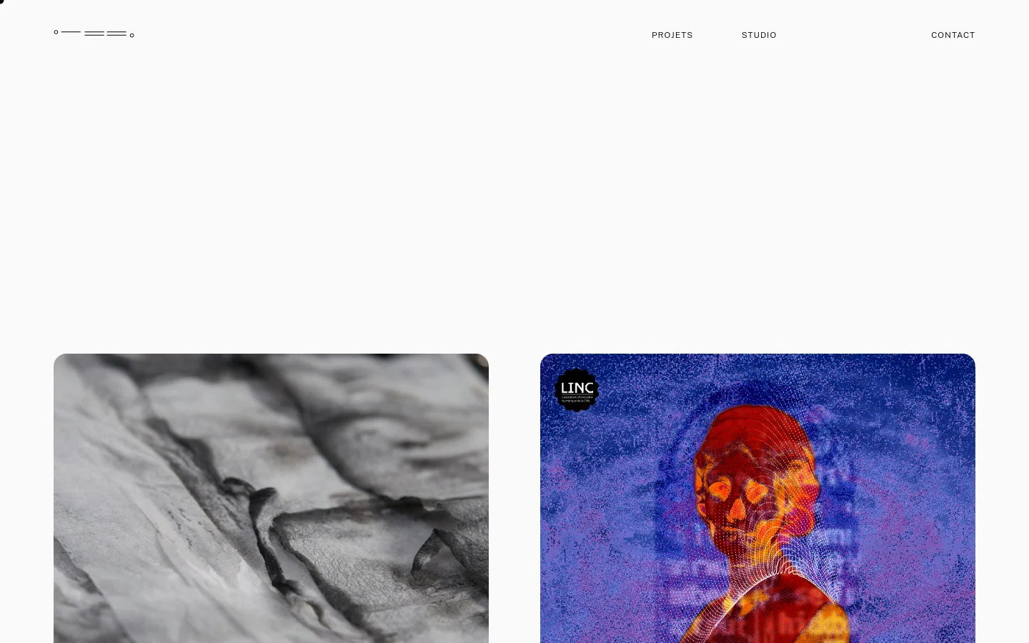 The desktop page features a minimalist white layout with a navigation menu at the top containing 'PROJETS', 'STUDIO', and 'CONTACT'. Below, a grid displays large, artistic project thumbnails, including a black and white textured image and a colorful, abstract portrait. Each image is accompanied by a title and year, such as 'J’écris, j’efface, je réécris (2026)'.