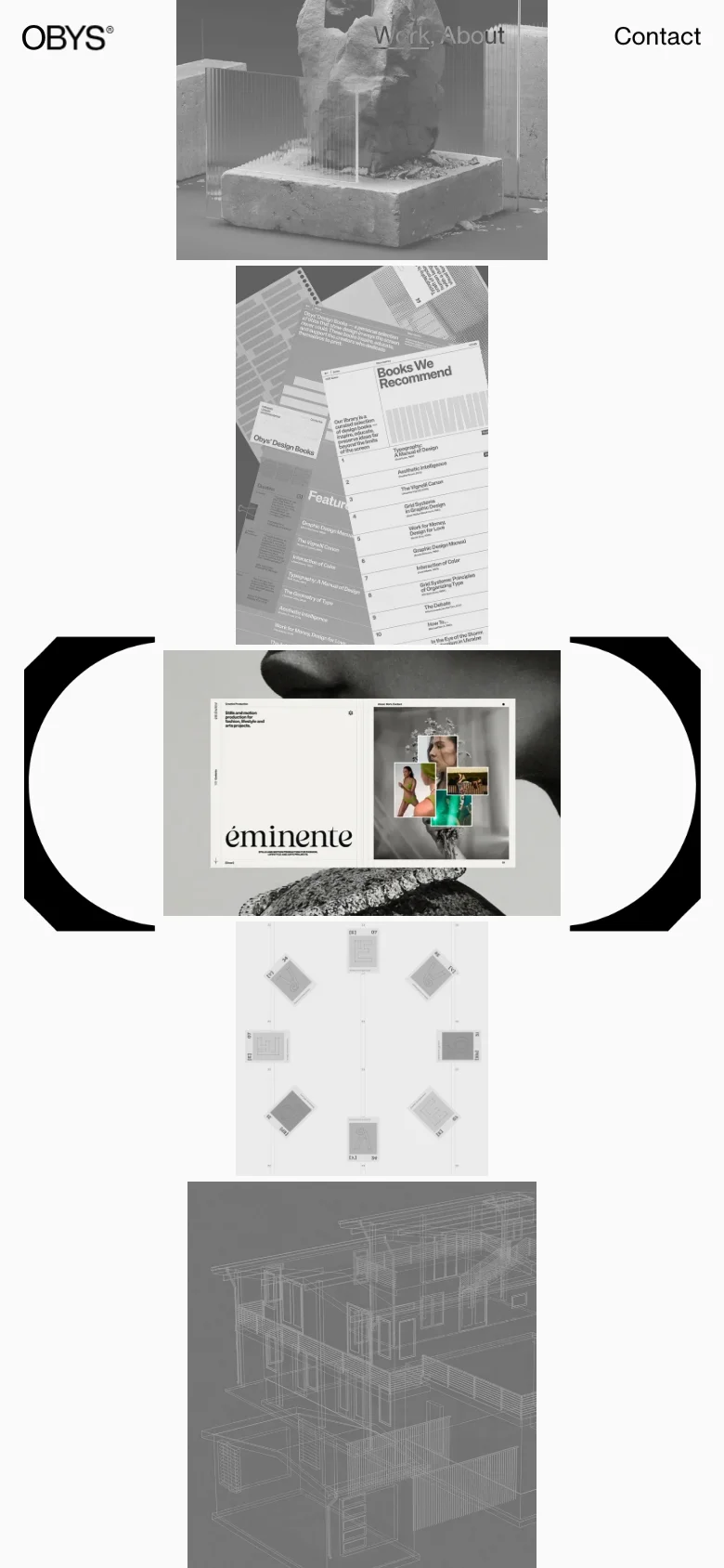 The mobile version maintains the minimalist black and white aesthetic but uses a more condensed vertical layout. The large black parentheses framing the central imagery are scaled to fit the narrower screen, and the navigation links are simplified to ensure readability on a smaller device.