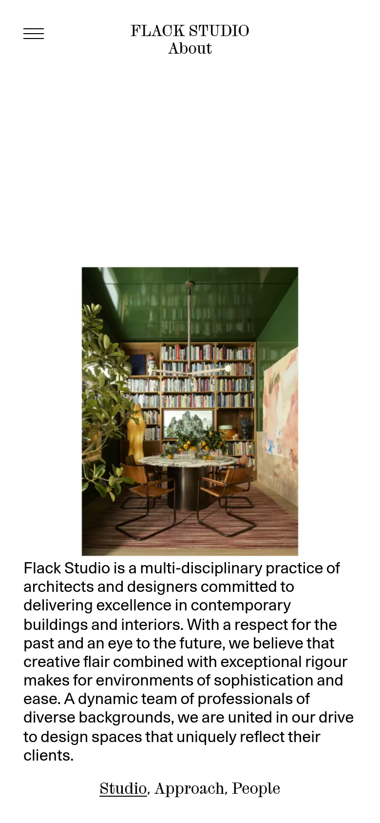 The mobile version stacks the content vertically, placing the studio's mission text above a large, centered hero image of a library-style interior. The header includes a hamburger menu icon and the Flack Studio logo, while the bottom navigation links are centered below the image. The layout is simplified for a single-column scrolling experience.