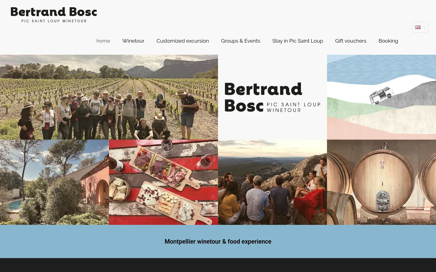 The desktop homepage features a clean white header with the Bertrand Bosc logo and a horizontal navigation menu. Below, a large grid of lifestyle images showcases groups in vineyards, charcuterie boards, wine barrels, and scenic views, centered around the brand name. A light blue footer at the bottom contains the text 'Montpellier winetour & food experience'.