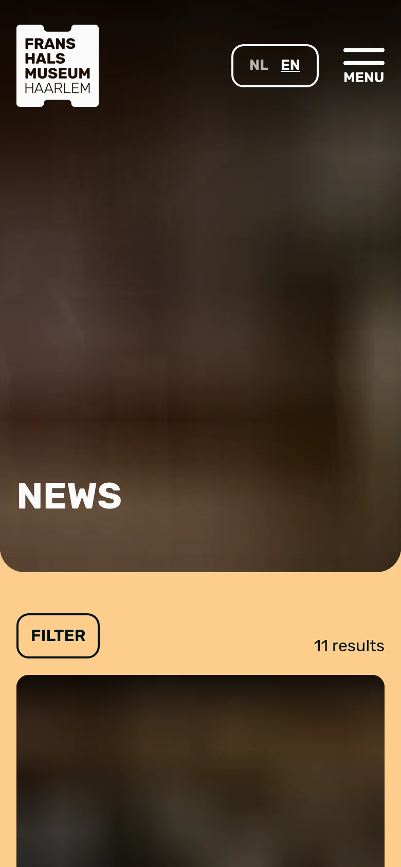 The mobile version maintains the dark hero section with the 'NEWS' title but simplifies the header to a logo, language switcher, and a hamburger menu icon. The content area below uses a full-width 'FILTER' button instead of a dropdown, followed by a vertical list of news article cards.