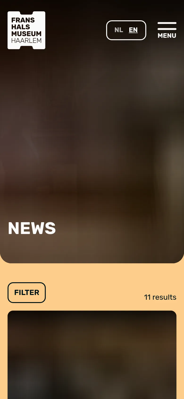 The mobile version maintains the dark hero section with the 'NEWS' title but simplifies the header to a logo, language switcher, and a hamburger menu icon. The content area below uses a full-width 'FILTER' button instead of a dropdown, followed by a vertical list of news article cards.