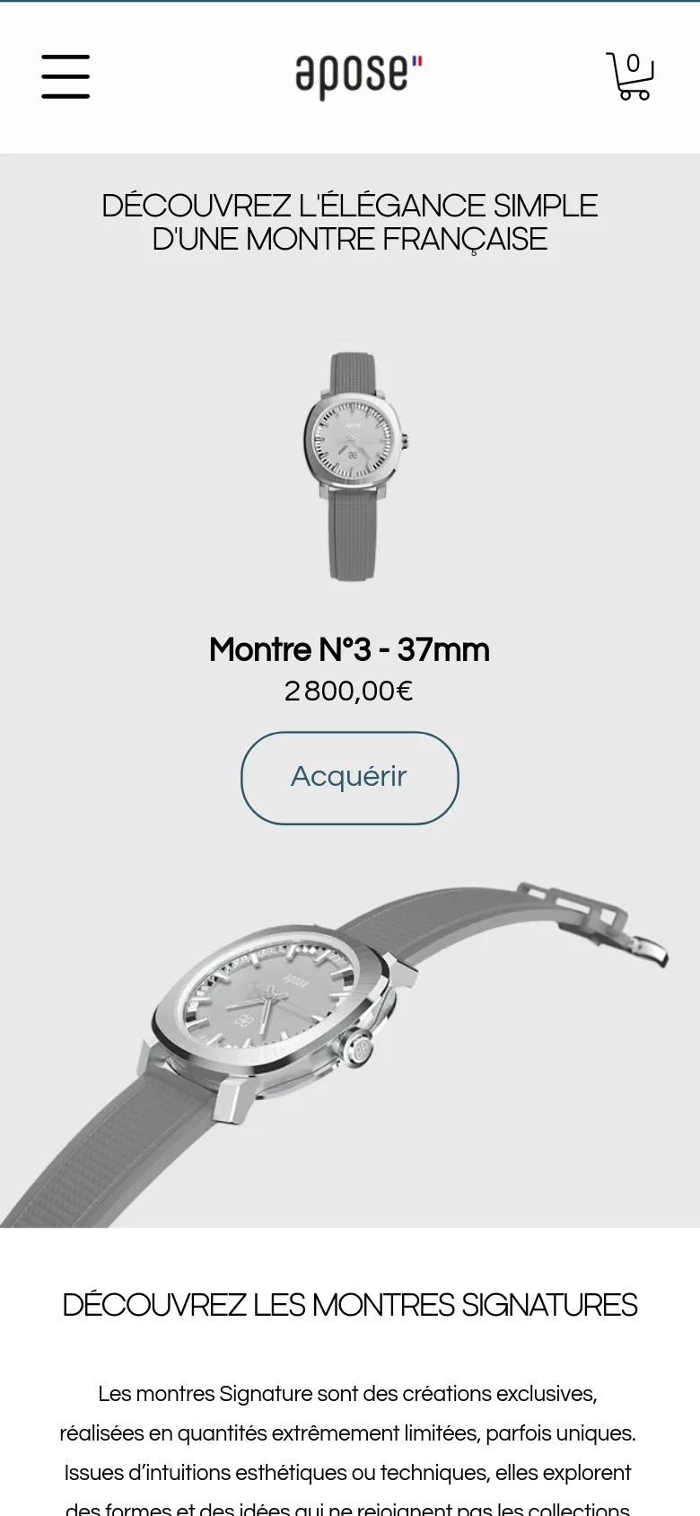 The mobile version uses a stacked layout with a hamburger menu icon and a shopping cart at the top. The hero section features the same headline and a large image of the wristwatch, but the product details, including 'Montre N°3 - 37mm' and the price, are centered below the watch. The navigation links are hidden within the menu to save screen space.