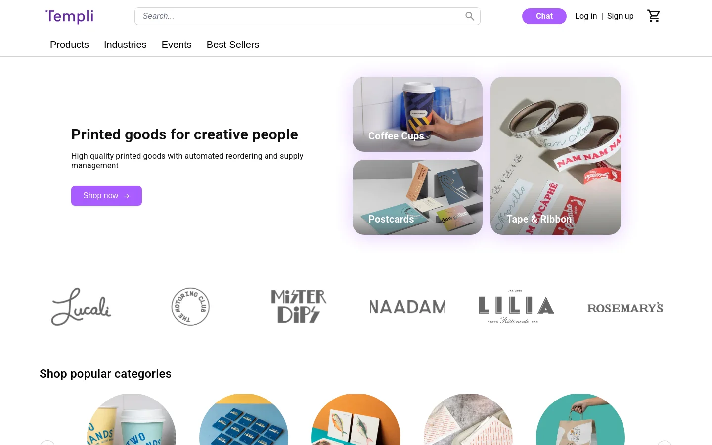 Desktop version of the Templi homepage featuring a clean white background with a hero section containing the headline 'Printed goods for creative people' and a purple 'Shop now' button. To the right, large rounded image tiles showcase products like Coffee Cups, Postcards, and Tape & Ribbon. Below, a logo marquee displays various brand clients in grayscale, followed by a 'Shop popular categories' section.