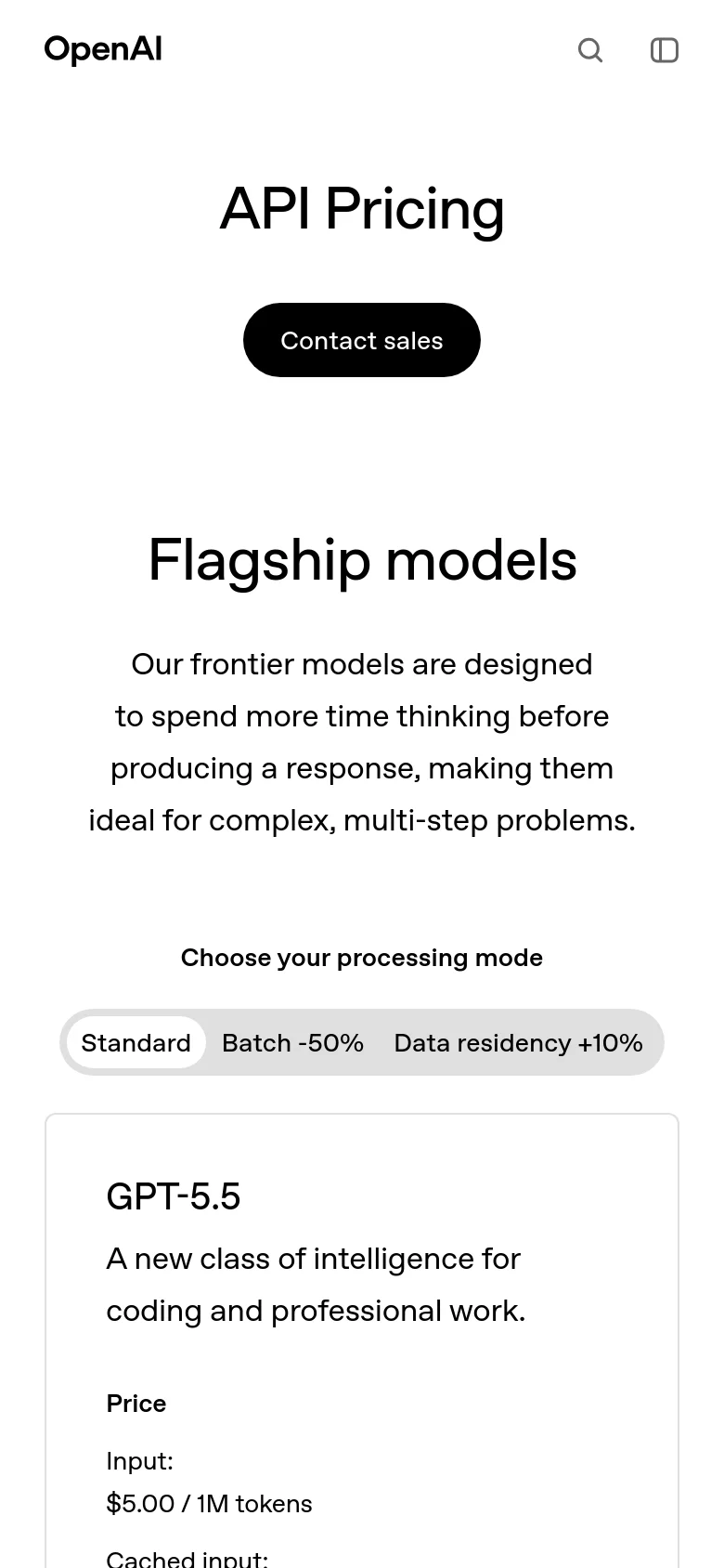 The mobile version maintains the clean white and black aesthetic but uses a single-column layout to stack the 'API Pricing' header, 'Contact sales' button, and model descriptions vertically. The processing mode selection tabs and pricing cards are scaled to fit the narrower screen width.