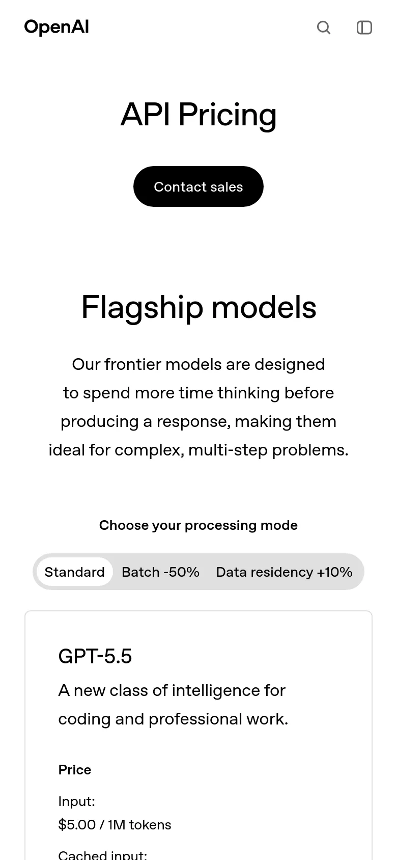 The mobile version maintains the clean white and black aesthetic but uses a single-column layout to stack the 'API Pricing' header, 'Contact sales' button, and model descriptions vertically. The processing mode selection tabs and pricing cards are scaled to fit the narrower screen width.
