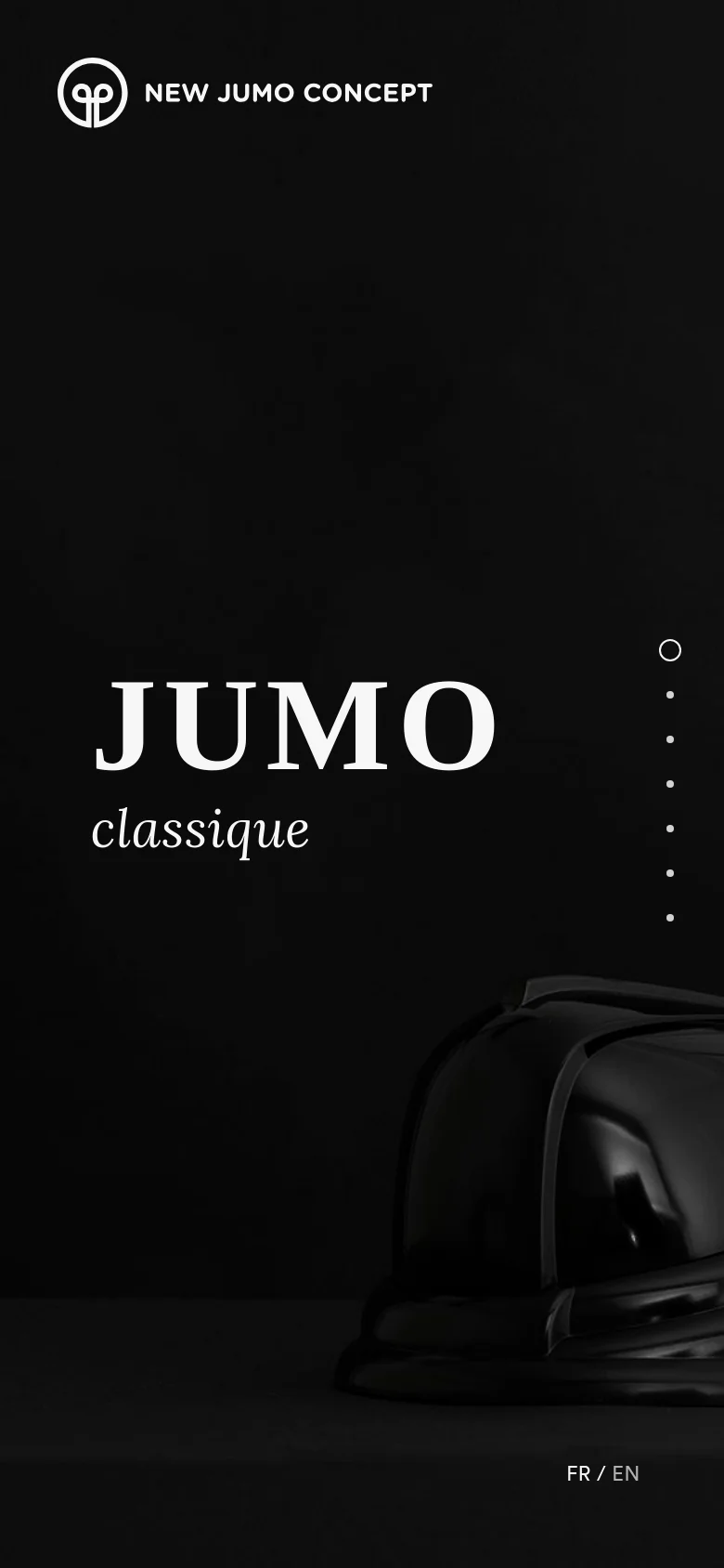 The mobile version maintains the dark, minimalist aesthetic with the 'JUMO classique' headline and black helmet imagery. The layout is vertically stacked, with the logo at the top, the headline in the middle, and the language toggles moved to the bottom right. The vertical navigation dots are centered on the right side of the screen.